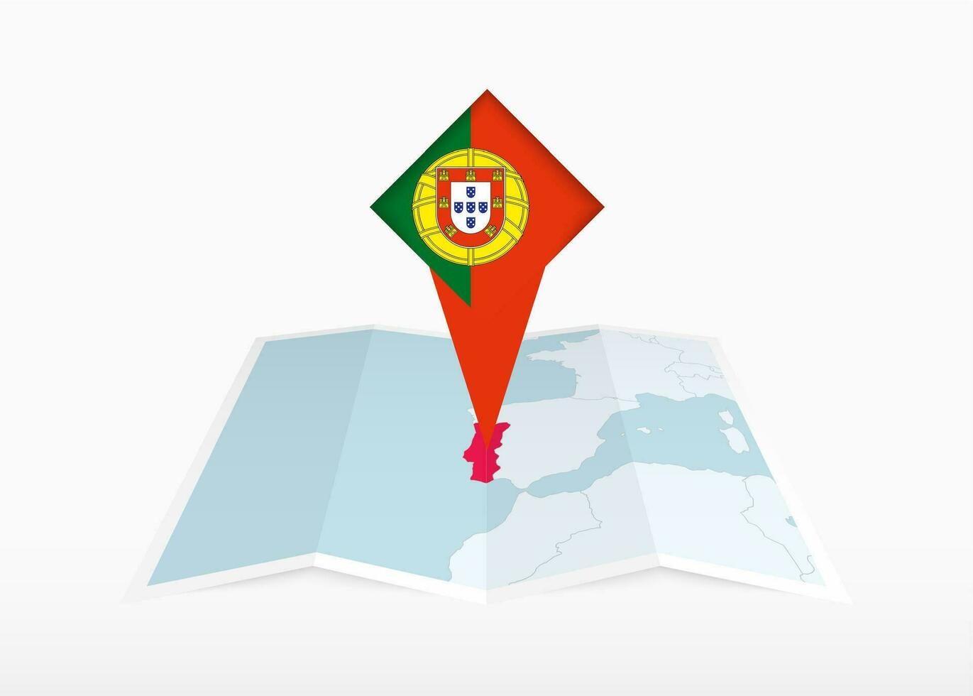 Portugal es representado en un doblada papel mapa y clavado ubicación marcador con bandera de Portugal. vector