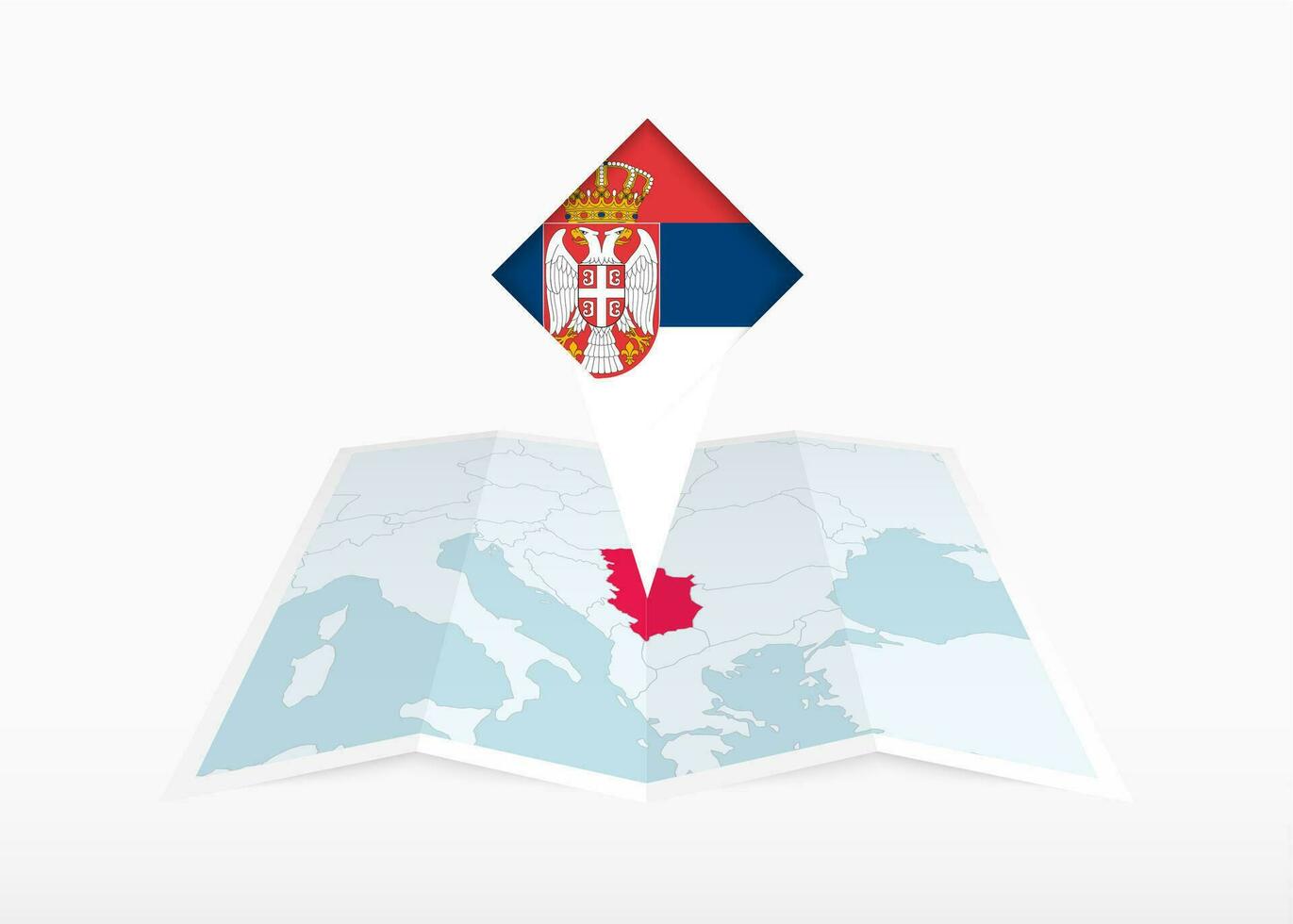 serbia es representado en un doblada papel mapa y clavado ubicación marcador con bandera de serbia vector