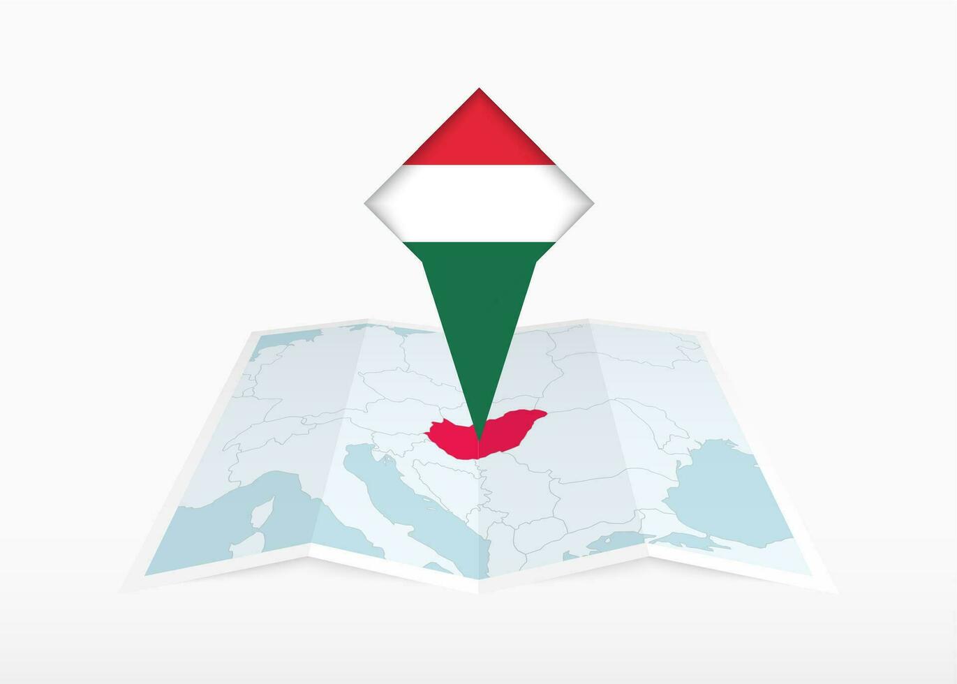 Hungría es representado en un doblada papel mapa y clavado ubicación marcador con bandera de Hungría. vector