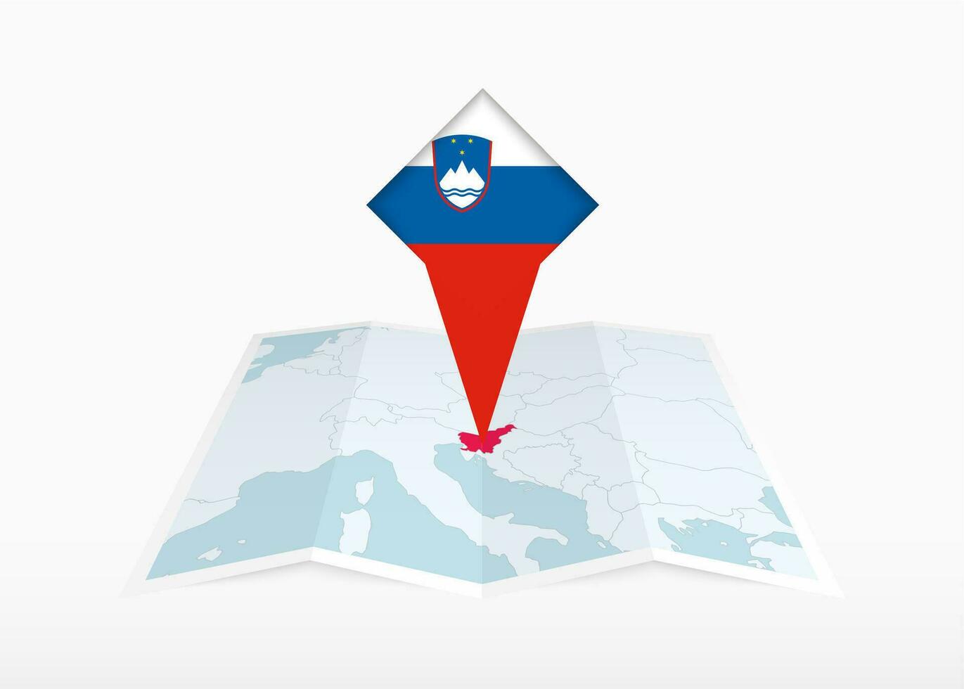 Slovenia is depicted on a folded paper map and pinned location marker with flag of Slovenia. vector