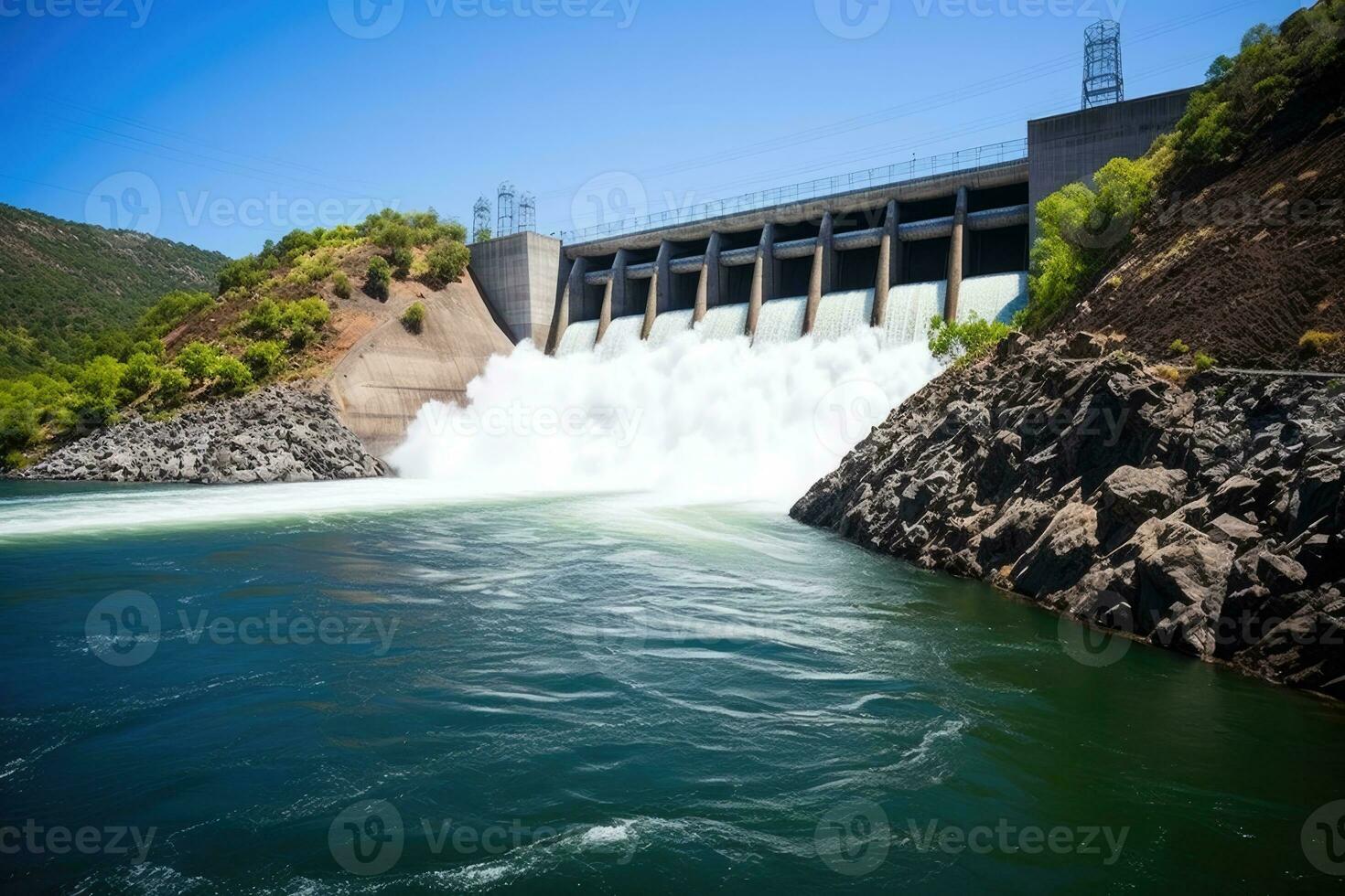 AI Generated Hydro concrete hydroelectric travel energy blue water electricity station technology photo