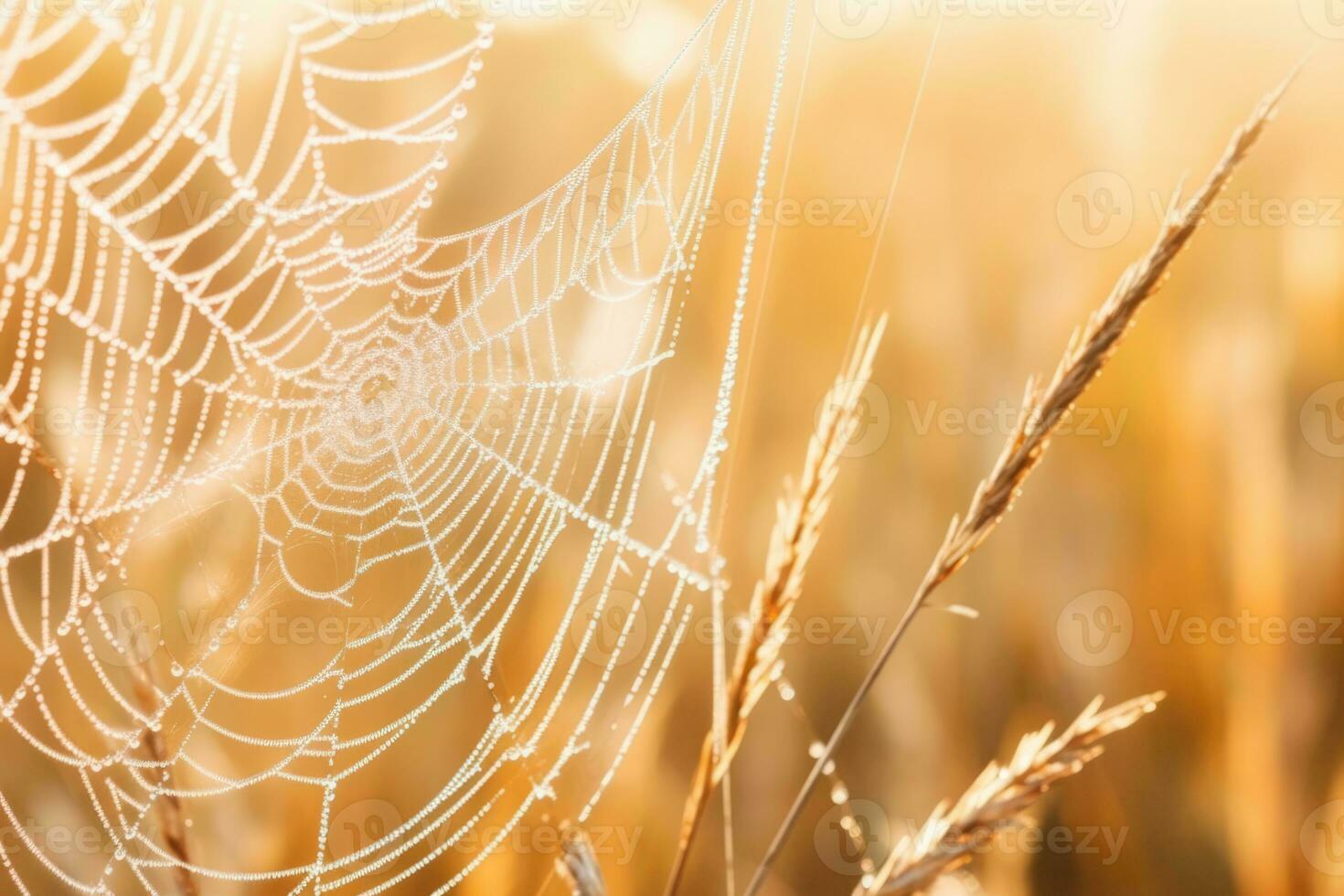 AI Generated Plant silk wet dew net background spiderweb spider sunlight green macro design water photo