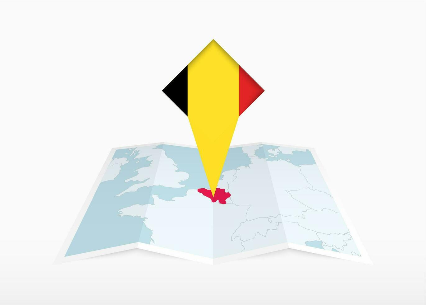 Bélgica es representado en un doblada papel mapa y clavado ubicación marcador con bandera de Bélgica. vector