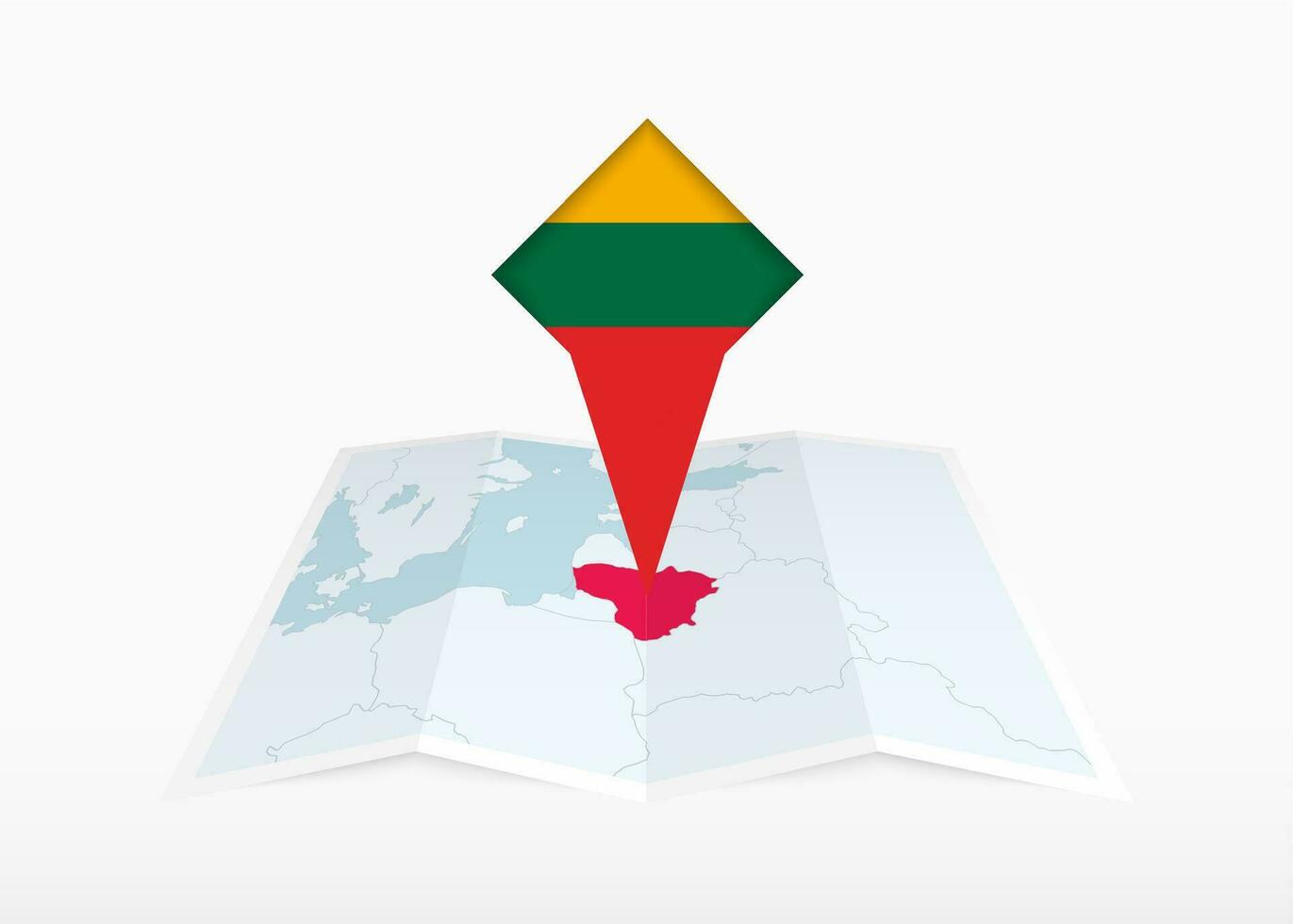 Lithuania is depicted on a folded paper map and pinned location marker with flag of Lithuania. vector