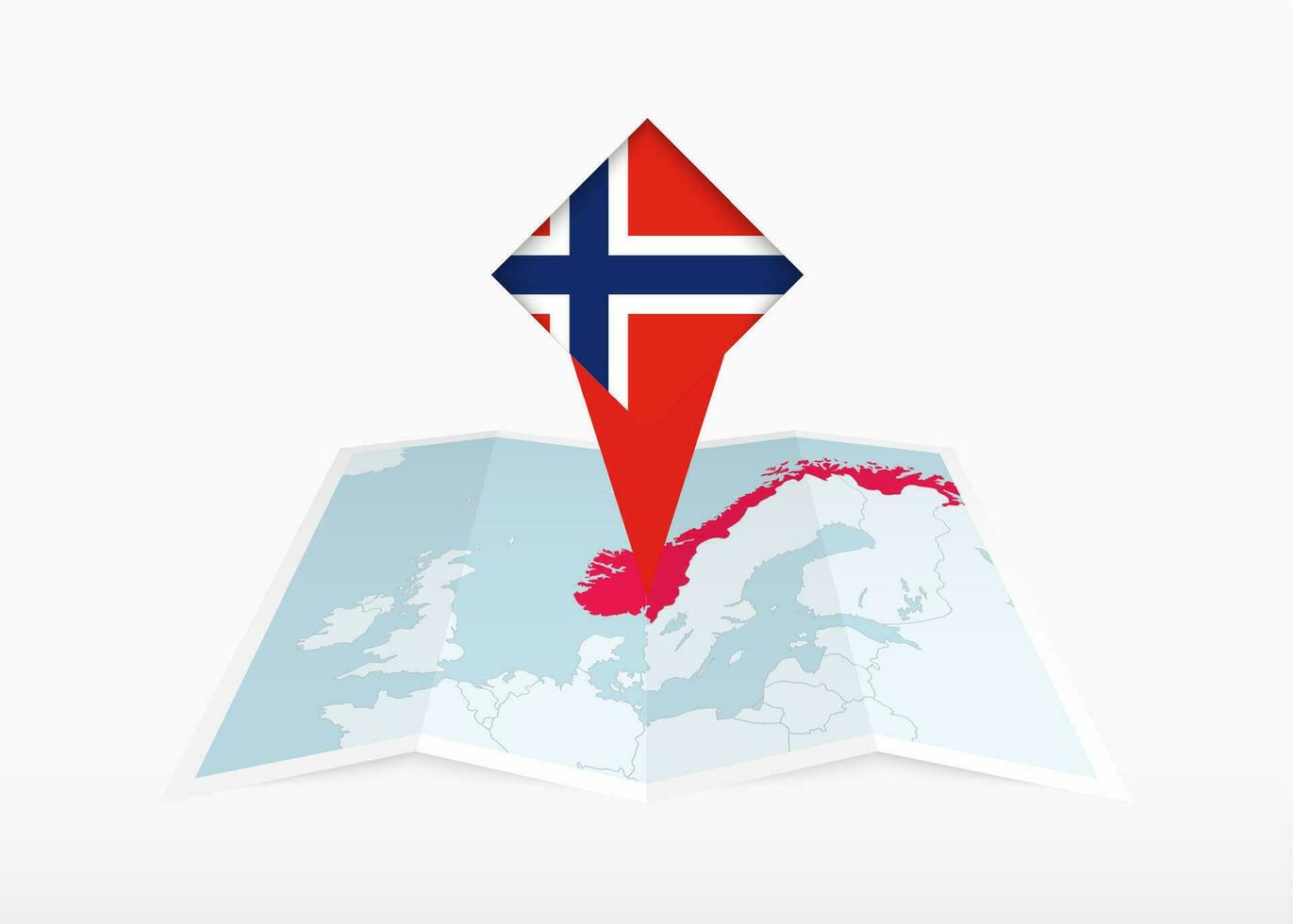 Norway is depicted on a folded paper map and pinned location marker with flag of Norway. vector