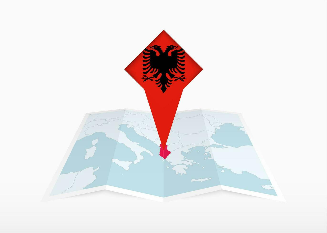 Albania es representado en un doblada papel mapa y clavado ubicación marcador con bandera de albania vector