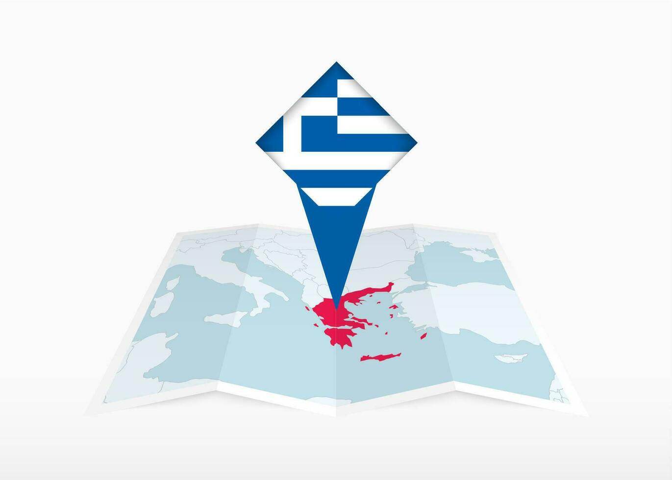 Greece is depicted on a folded paper map and pinned location marker with flag of Greece. vector