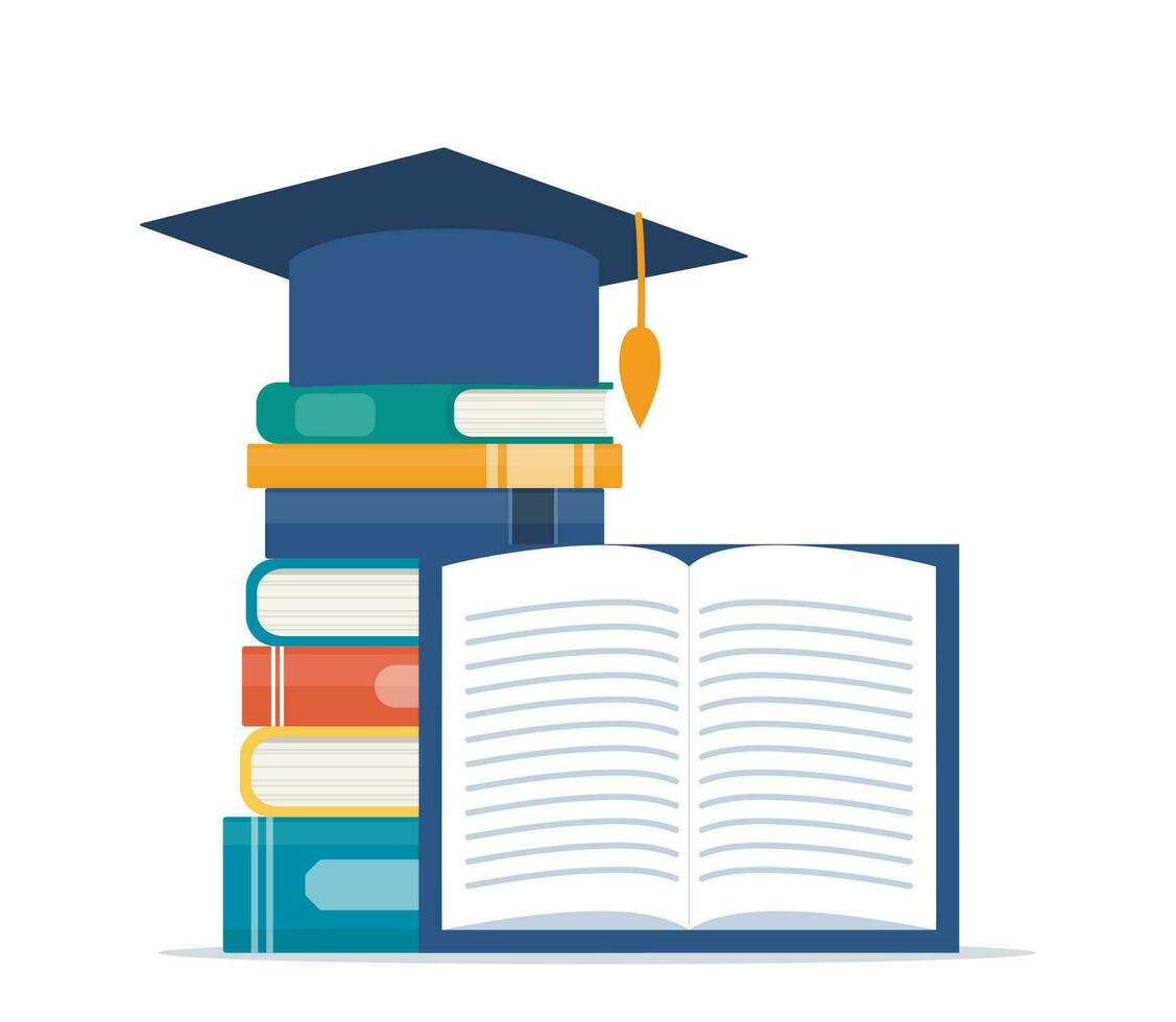 Black graduation cap on stack of books. Education and graduation concept. Vector illustration in flat style.
