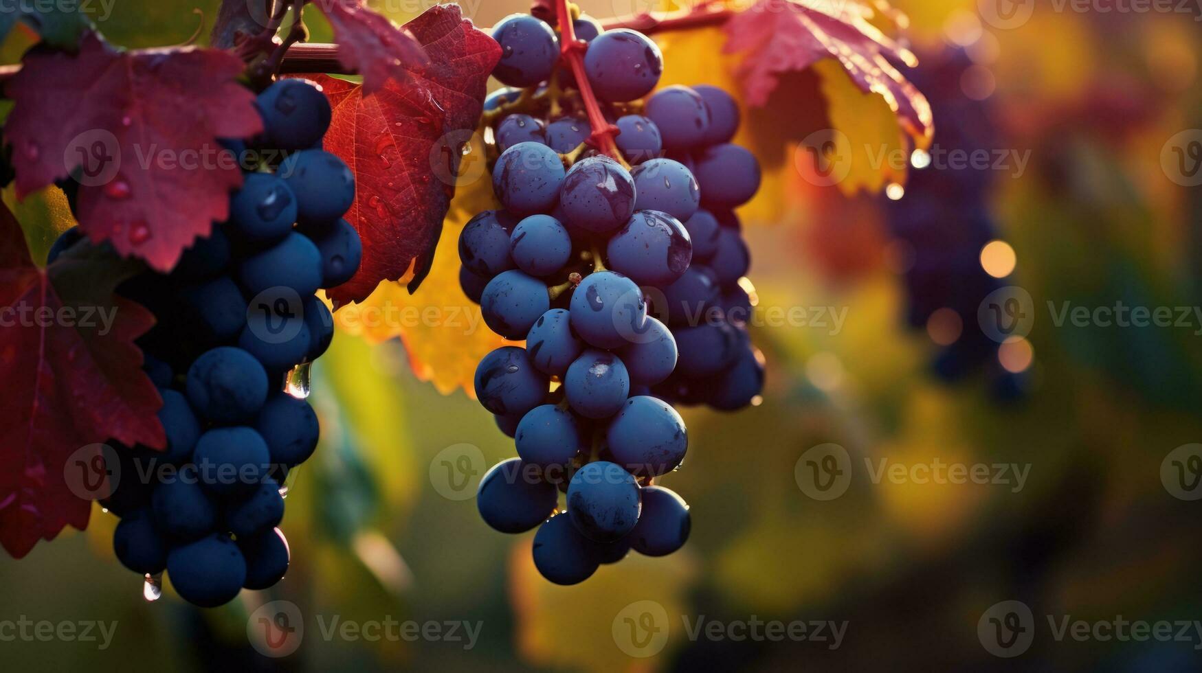AI Generated Blue grapes in vineyard at sunset. Golden hour. Ripe fruits with drops of water after rain. AI Generated photo