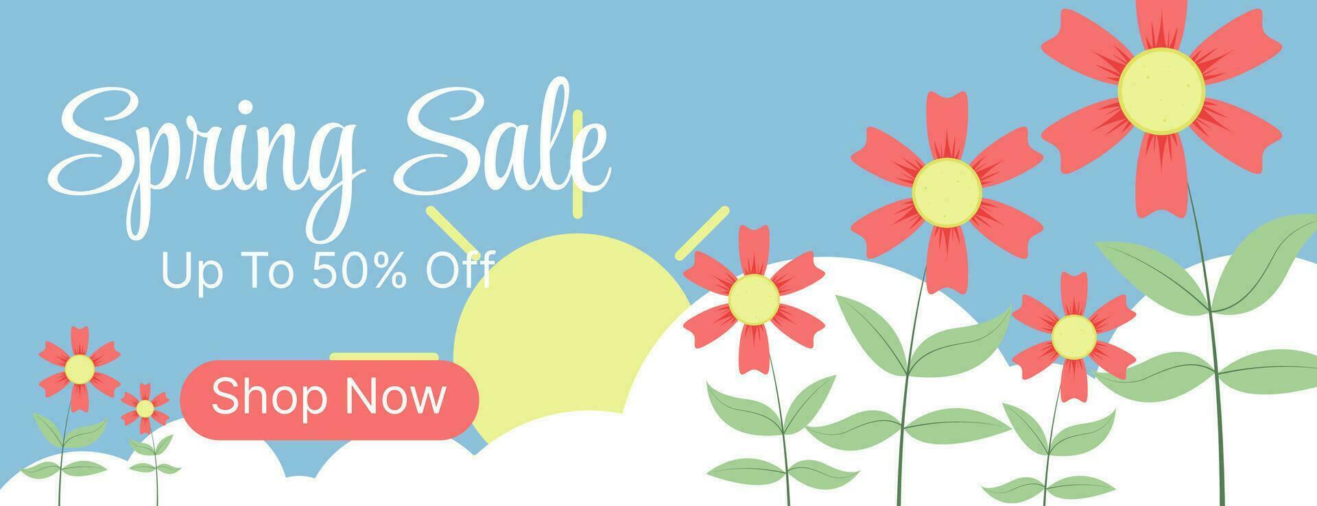 flat spring sale banner background design with flowers, leaves, clouds and sun vector
