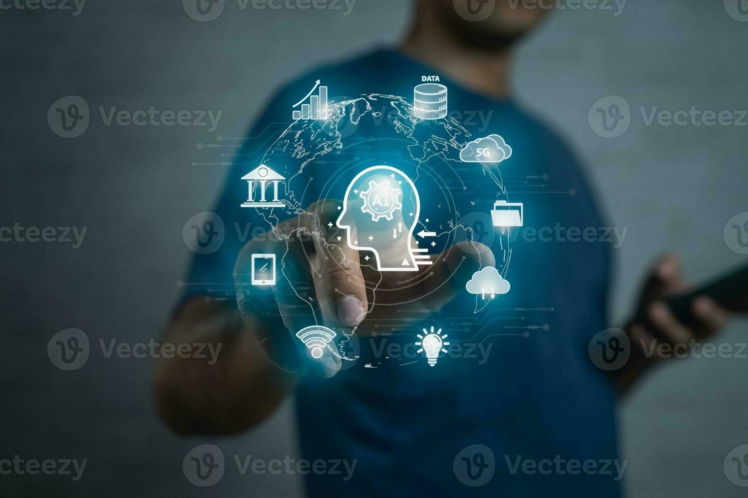 Businessman use smartphone mobile phone with touch digital chatbot, chat GPT, robot application, conversation assistant, Artificial Intelligence concept, digital chatbot virtual screen. Automatic AI. photo