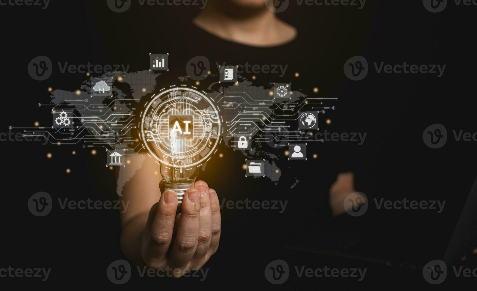 Woman hold bulb lighting virtual digital Ai network chain. Digital transformation change management, internet of things, smart Ai technology, IoT concepts of business icons smart Internet of Things. photo
