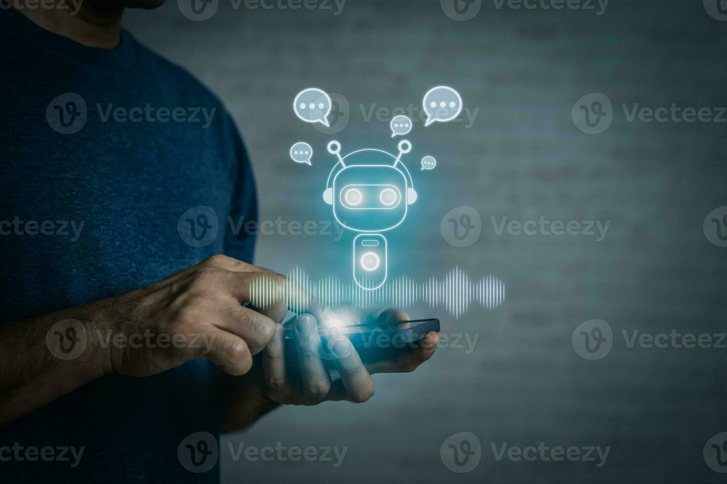 Businessman use smartphone mobile phone with digital chatbot, chat GPT, robot application, conversation assistant, AI Artificial Intelligence concept, digital chatbot virtual screen. Automatic AI. photo