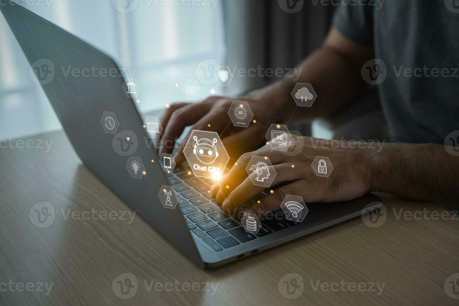 Businessman working use laptop with touch digital chatbot, chat GPT, robot application, conversation assistant, Artificial Intelligence concept, digital chatbot virtual screen. Automatic AI. photo
