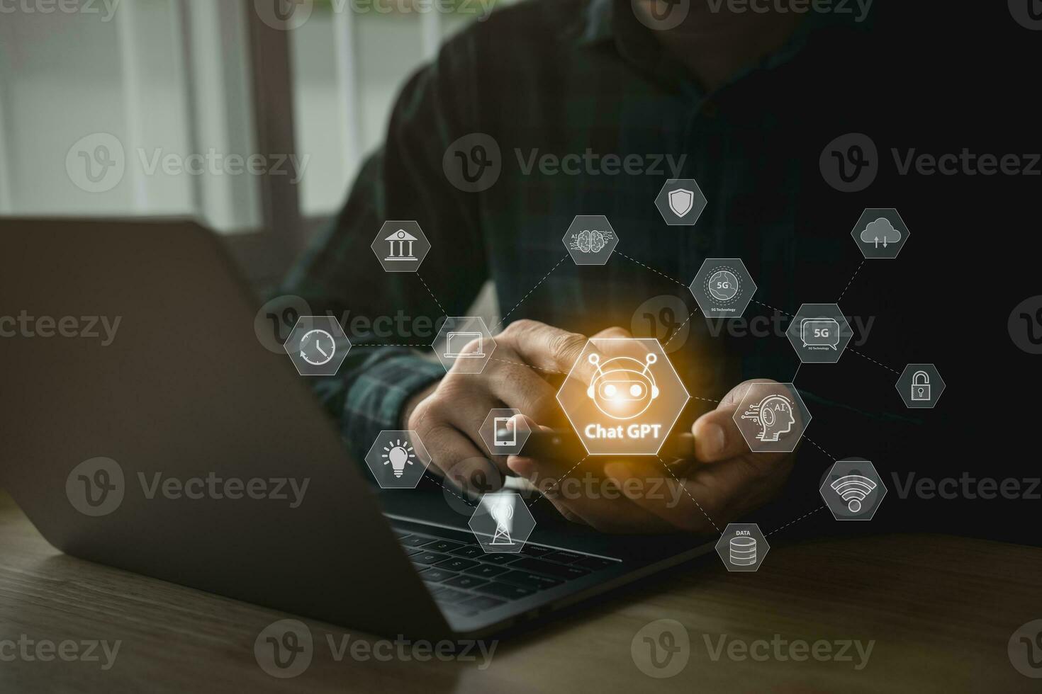Businessman use smartphone mobile phone with touch digital chatbot, chat GPT, robot application, conversation assistant, Artificial Intelligence concept, digital chatbot virtual screen. Automatic AI. photo