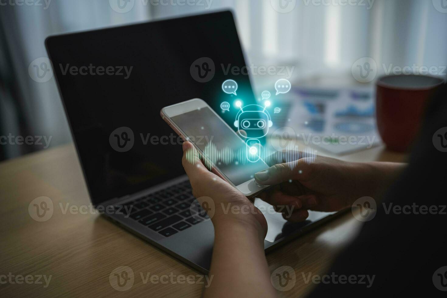 Businesswoman use smartphone mobile phone with digital chatbot, chat GPT, robot application, conversation assistant, AI Artificial Intelligence concept, digital chatbot virtual screen. Automatic AI. photo