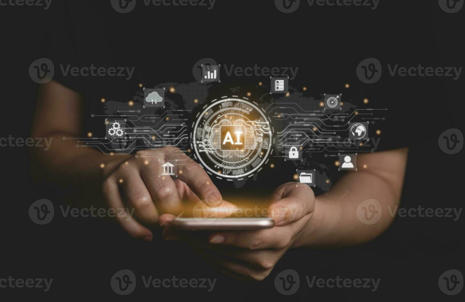 Woman use mobile and touch virtual digital Ai network chain. Digital transformation change management, internet of things, smart Ai technology, IoT concepts of business icons smart Internet of Things. photo