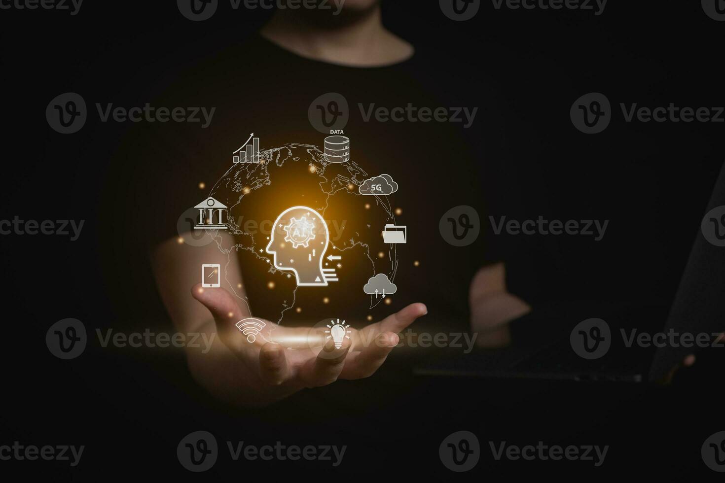 Woman use laptop and holding earth digital chatbot, chat GPT, robot application, conversation assistant, AI Artificial Intelligence concept, digital chatbot virtual screen. Automatic AI. photo