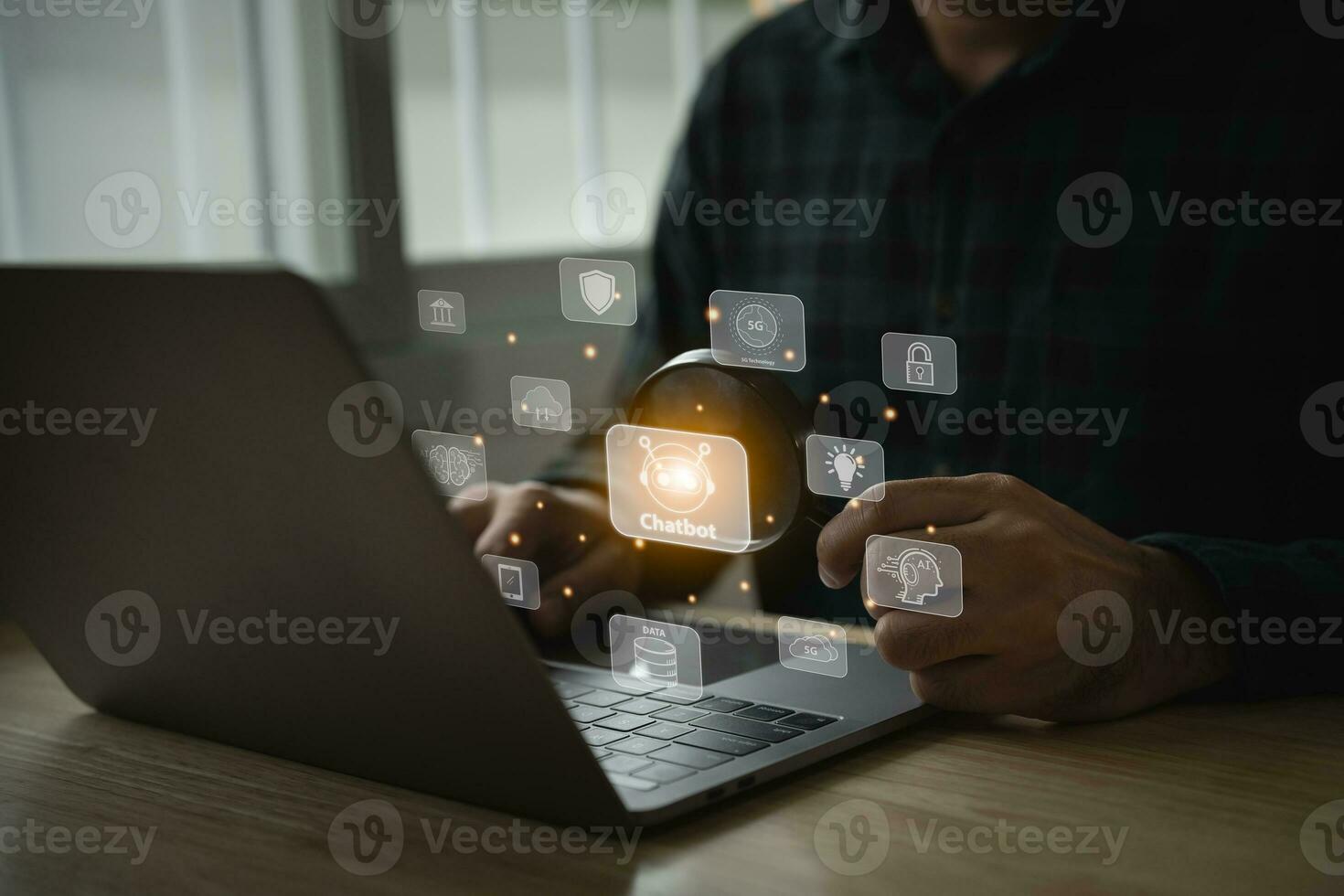 Businessman use magnifying glass laptop with touch digital chatbot, chat GPT, robot application, conversation assistant, Artificial Intelligence concept, digital chatbot virtual screen. Automatic AI. photo