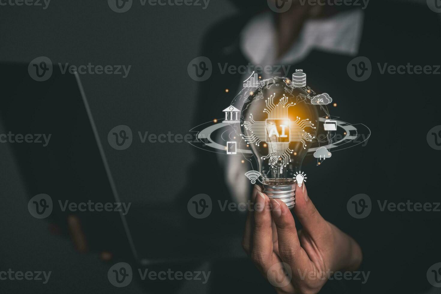Woman hold Bulb Lighting virtual digital Ai network chain. Digital transformation change management, internet of things, smart Ai technology, IoT concepts business icons smart Internet of Things. photo