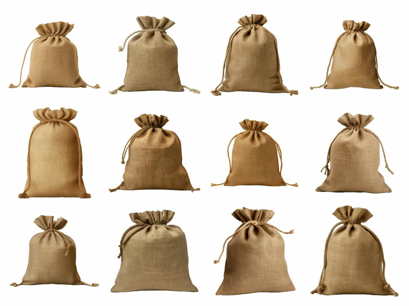 AI generated burlap sack collection isolated on white background. photo