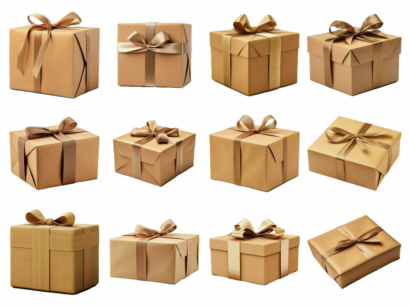 AI generated brown paper wrapped package gift collection isolated on white background. photo