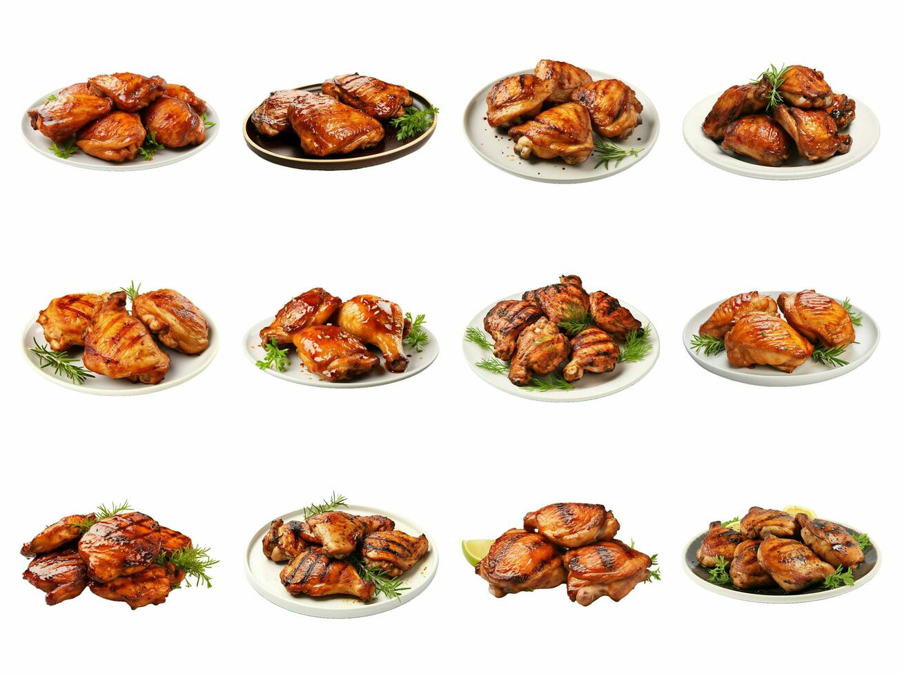 AI generated grilled chicken thighs collection isolated on white background. photo