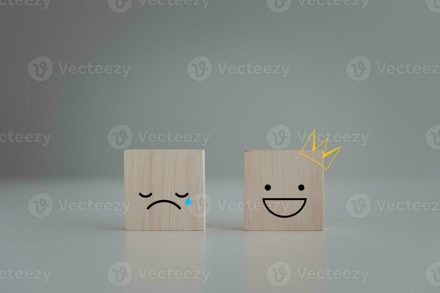 Mental health, Positive and Negative emotion, Good mood, Depressed, Customer Experience, Feedback, Satisfaction and Services Rating concept. Sadness face with tear and happy smiling face with crown. photo