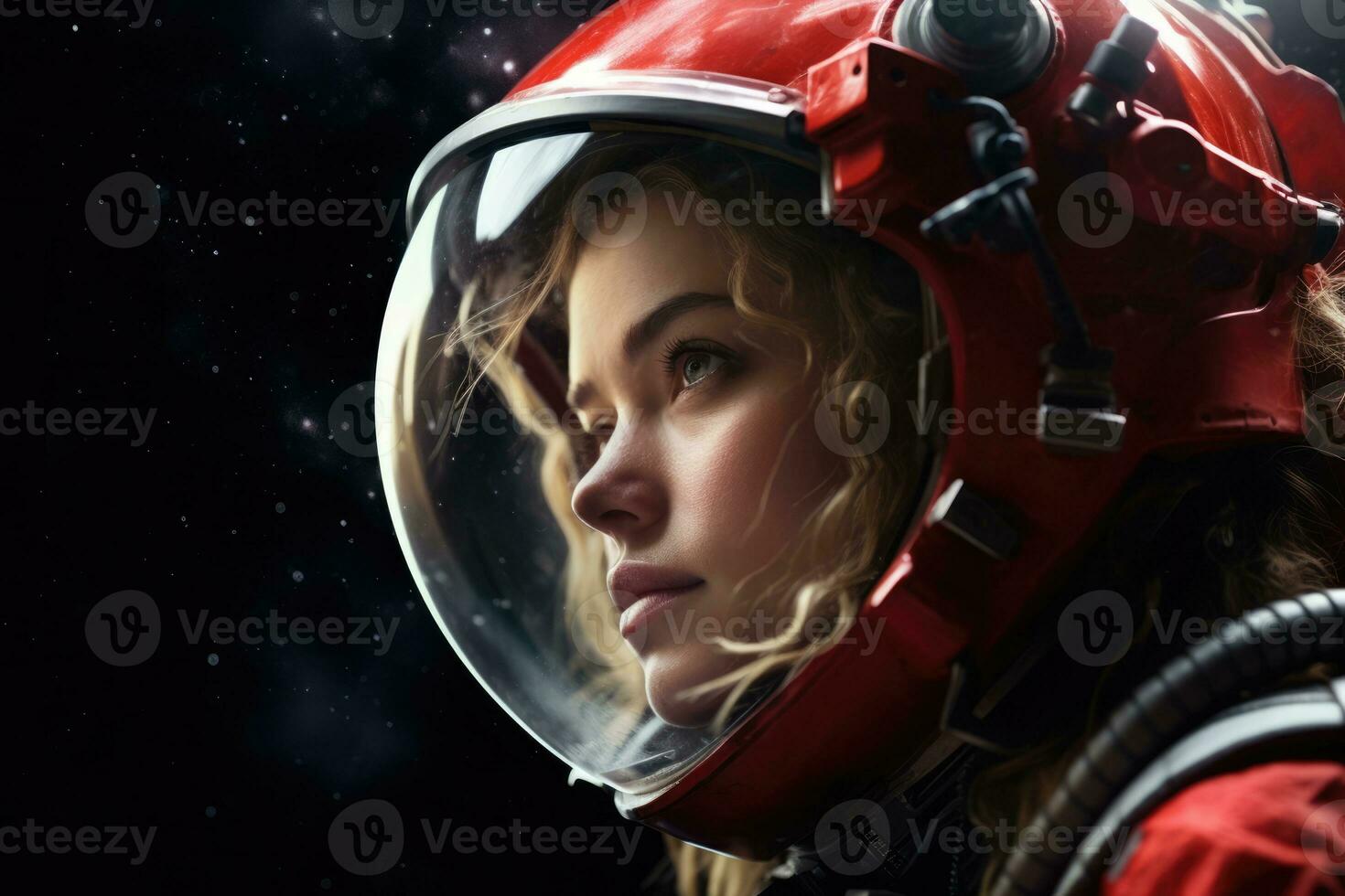 AI Generated Science woman suit astronomy young cosmos astronaut blue person helmet face universe photo