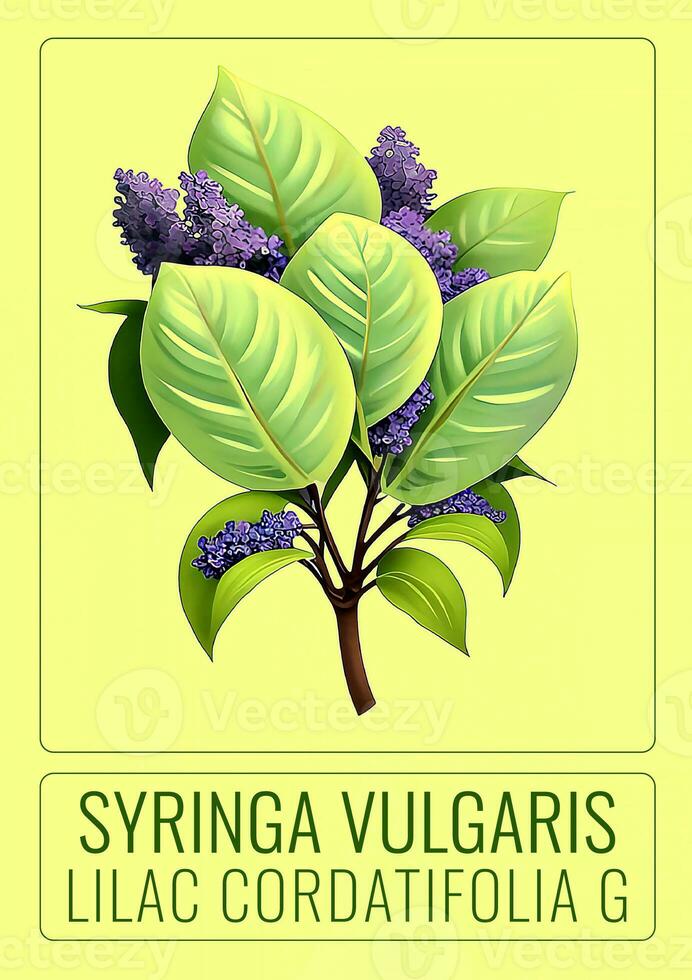 AI generated Purple lilac or Syringa vulgaris in Latin. LILAC CORDATIFOLIA G and LILAC SUAVEOLENS G. The illustration was created using generative AI. photo