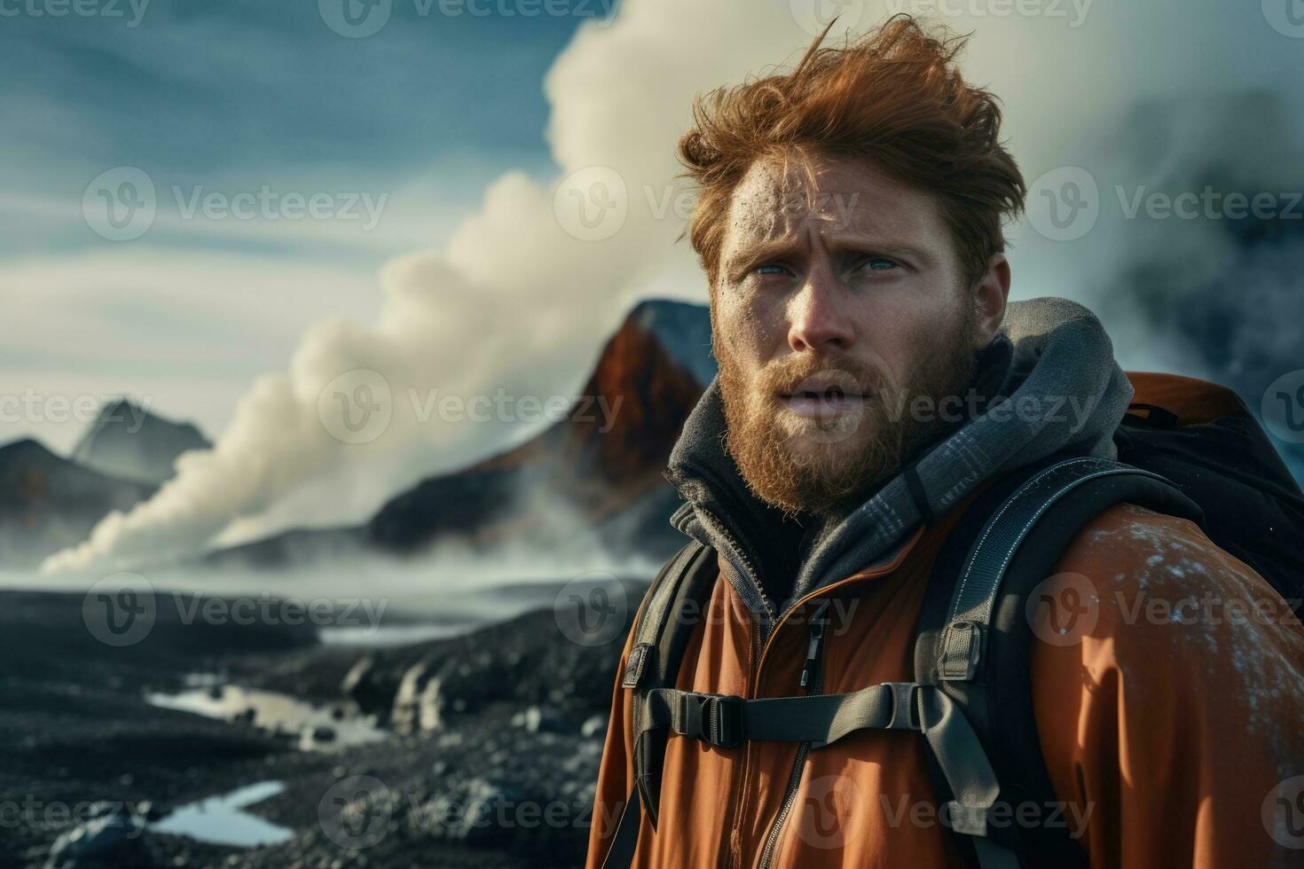 AI Generated Nature men looking summer landscape sky blue active young mountain beard portrait photo
