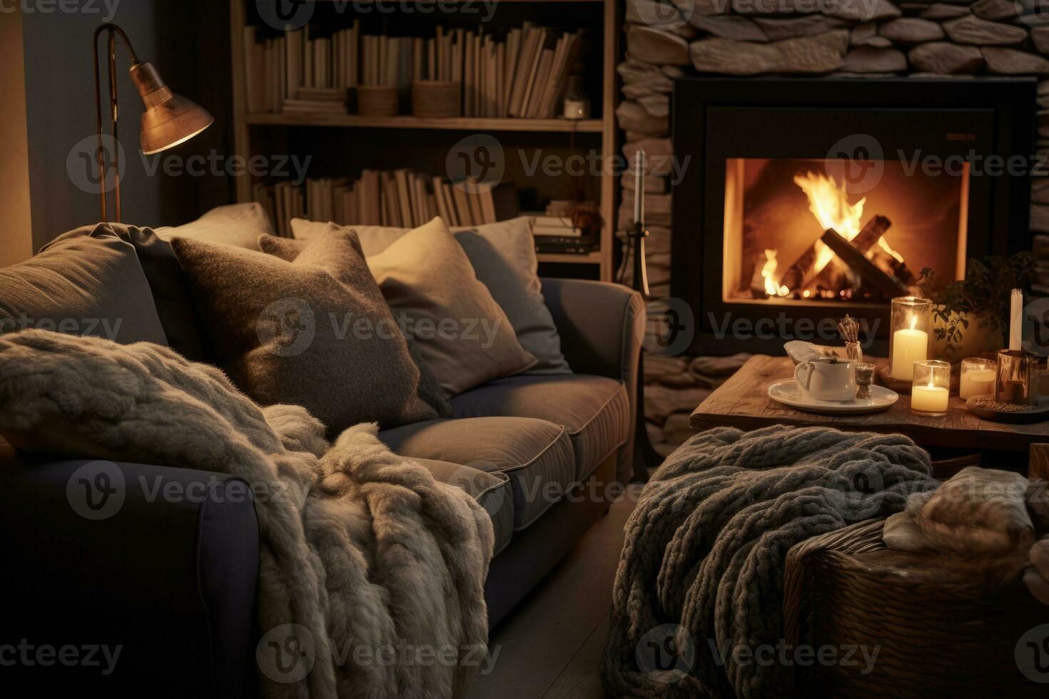 Premium AI Image  A warm room with a fireplace and a blanket on