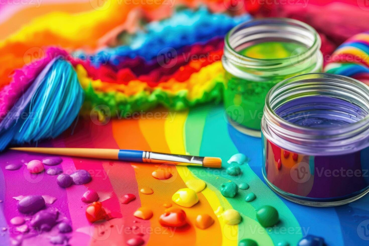 AI Generated Draw rainbow brush blue school equipment creativity red paint colorful design education photo