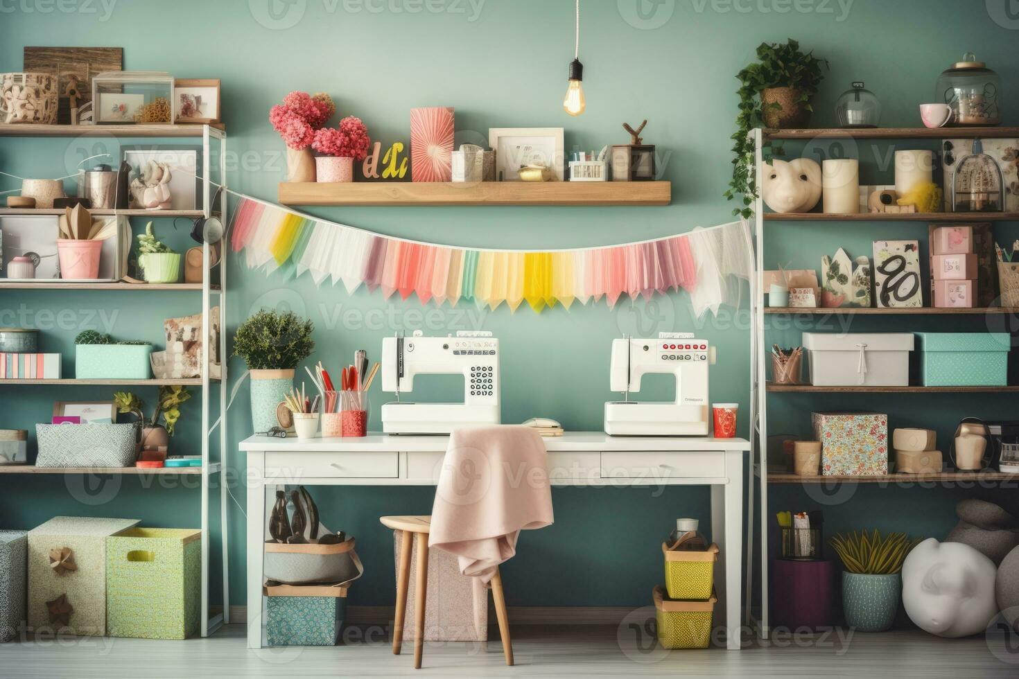 AI Generated Modern wooden house design home interior apartment living office plants bright art room photo
