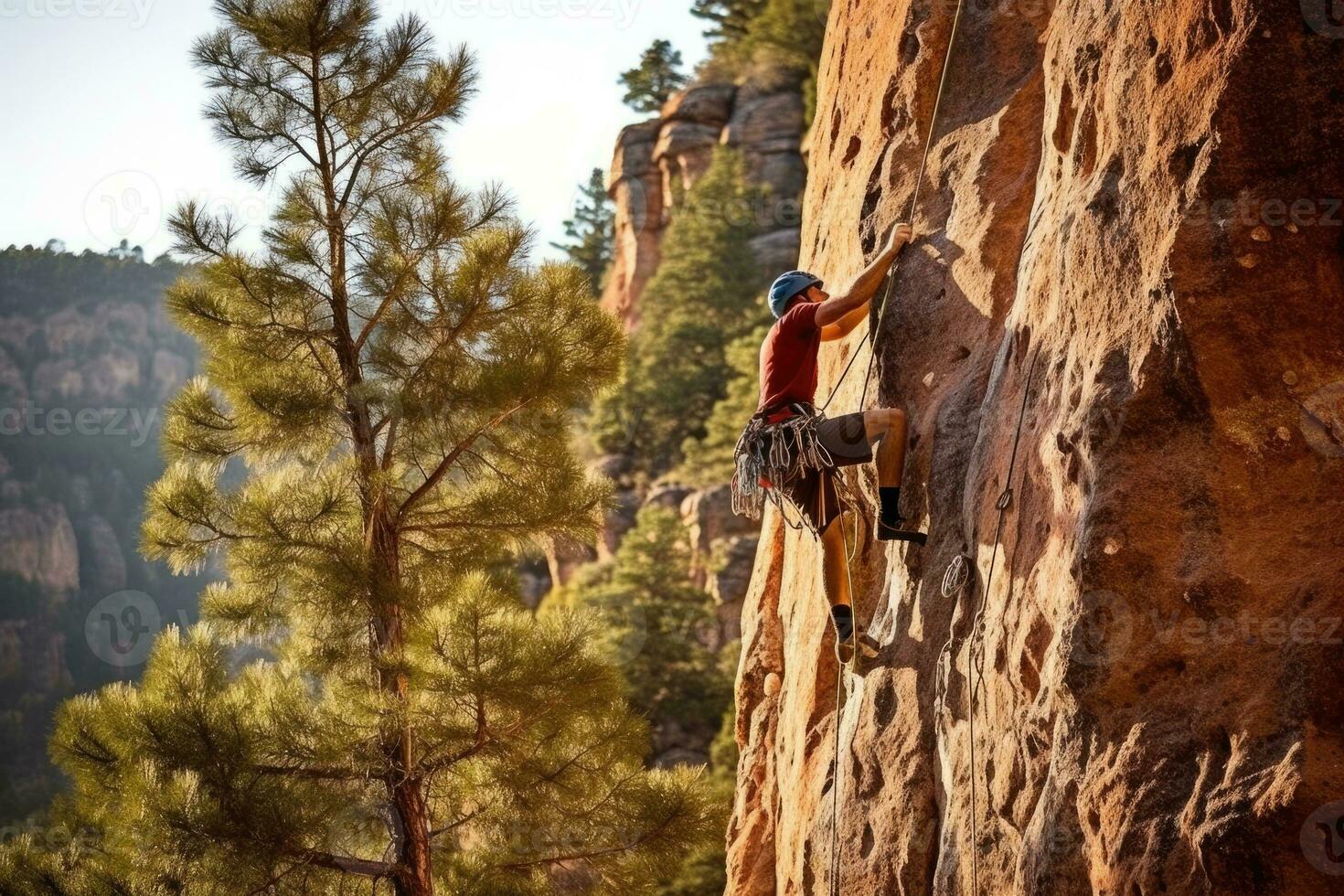 AI Generated Man climb strength risk rock danger nature mountaineering wall climber high adventure photo