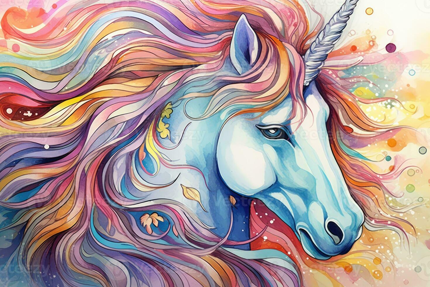 AI Generated Rainbow wild dream design head horn colorful cute graphic fantasy animal mane unicorn photo