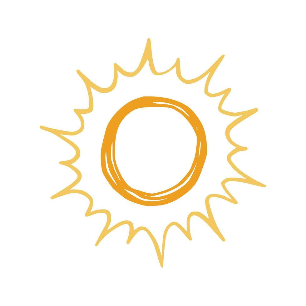 Doodle sun sketch illustration. Hand drawn cute orange sunshine. Scribble doodle children drawn style. Vector