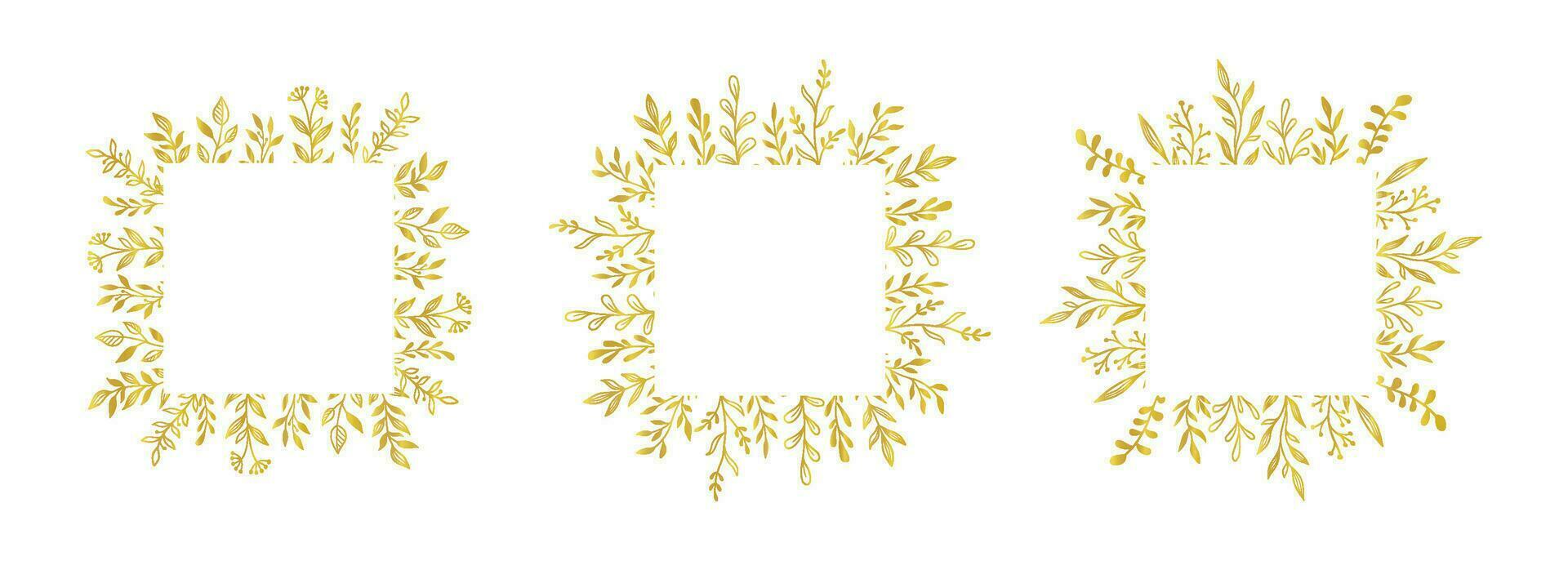 Gold floral square border set. Vector golden floral leaf wreath border. Wedding square frame design. Hand drawn rustic flourish elegant rectangle frame. Vector illustration