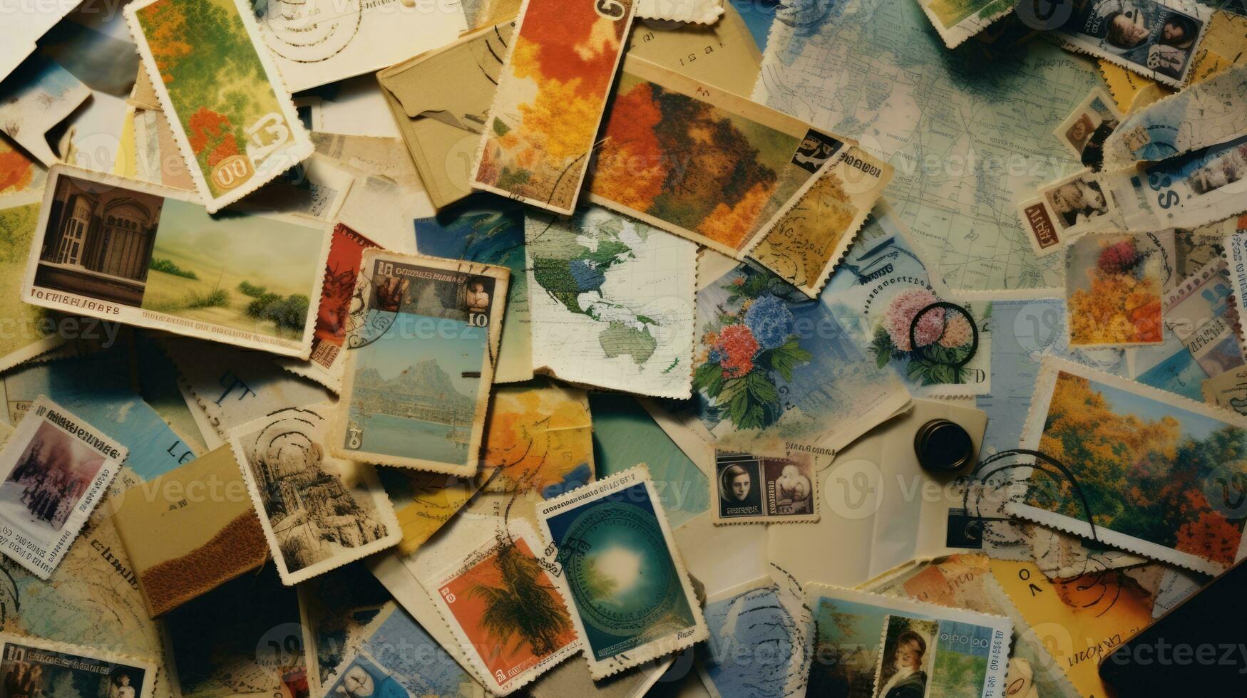 AI Generated Collage post design background history vintage retro card aged postage hobby travel photo