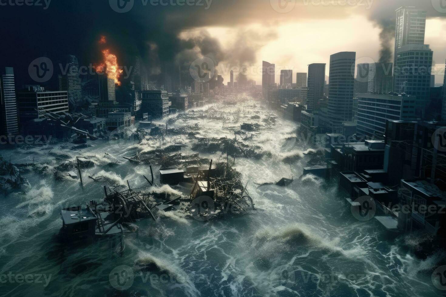 AI Generated Disaster street war storm weather concept building destroy destruction town dark city photo