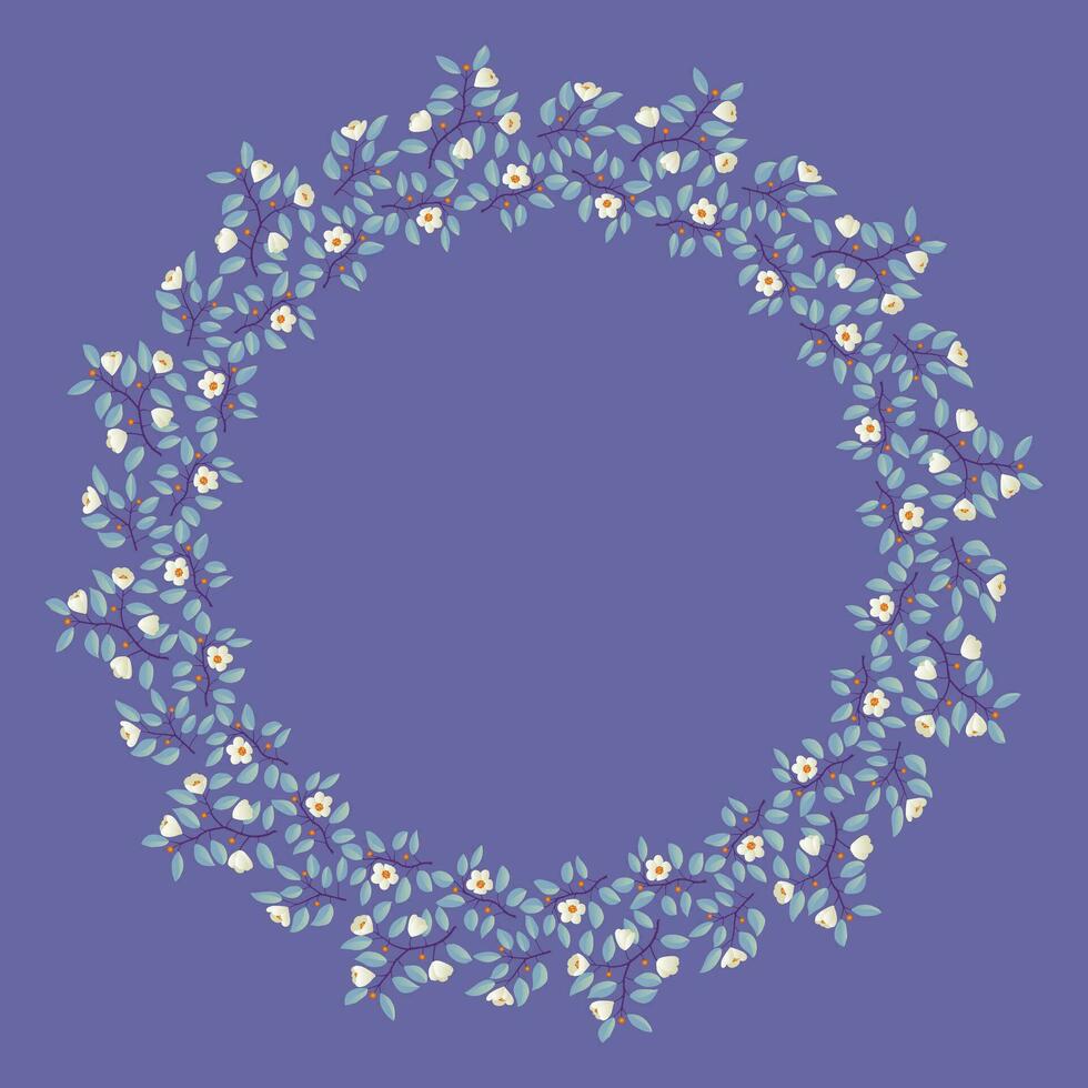 Floral wreath, branches with teal leaves and light cream flowers on purple. Vector illustration, design for poster, banner, invitation, book, fashion fabric, wrapping.
