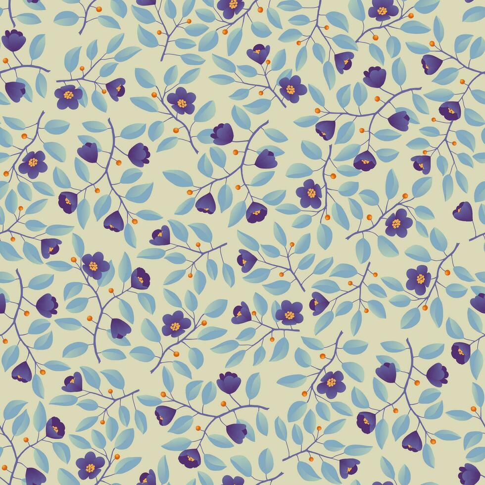 Floral background seamless pattern, branches with teal leaves and purple flowers on cream background. Vector illustration, design for wallpaper, textile, fabric, wrapping.