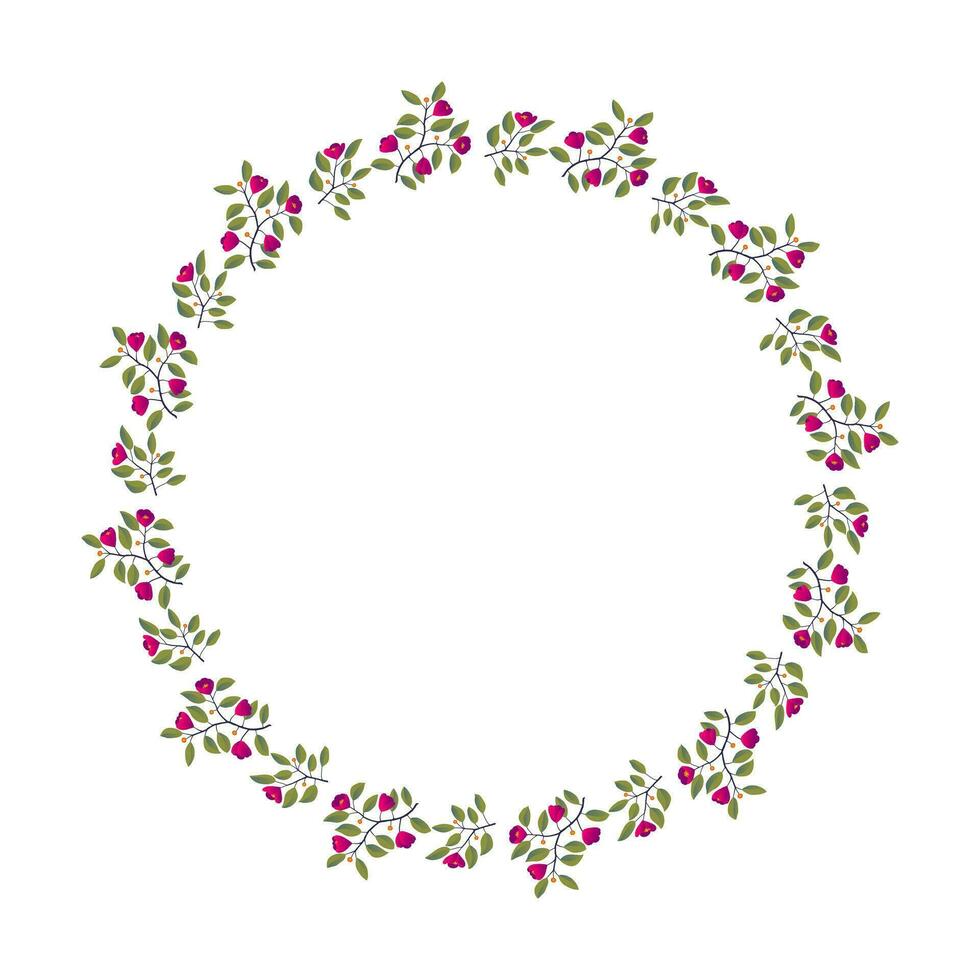 Floral wreath, branches with leaves and bright magenta flowers on white. Vector illustration, design for poster, banner, invitation, book, fashion fabric, wrapping.