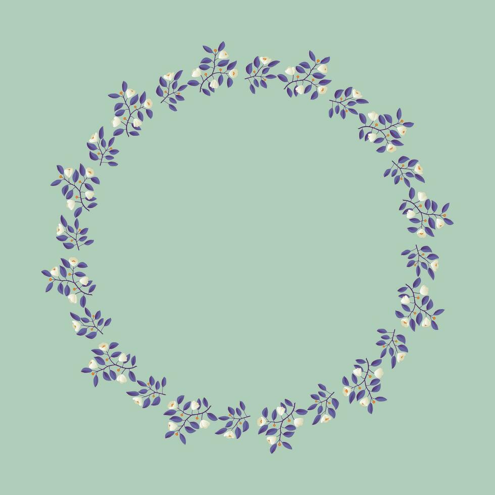 Floral wreath, branches with purple leaves and light cream flowers on pistachio background. Vector illustration, design for poster, banner, invitation, book, fashion fabric, wrapping.