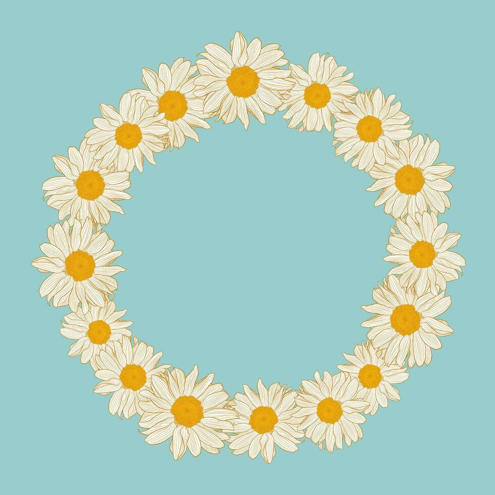 Floral wreath with chamomiles on powder blue background. Vector illustration element with copy space, may use for greeting cards, invitations, wedding, birthday, easter, package design.