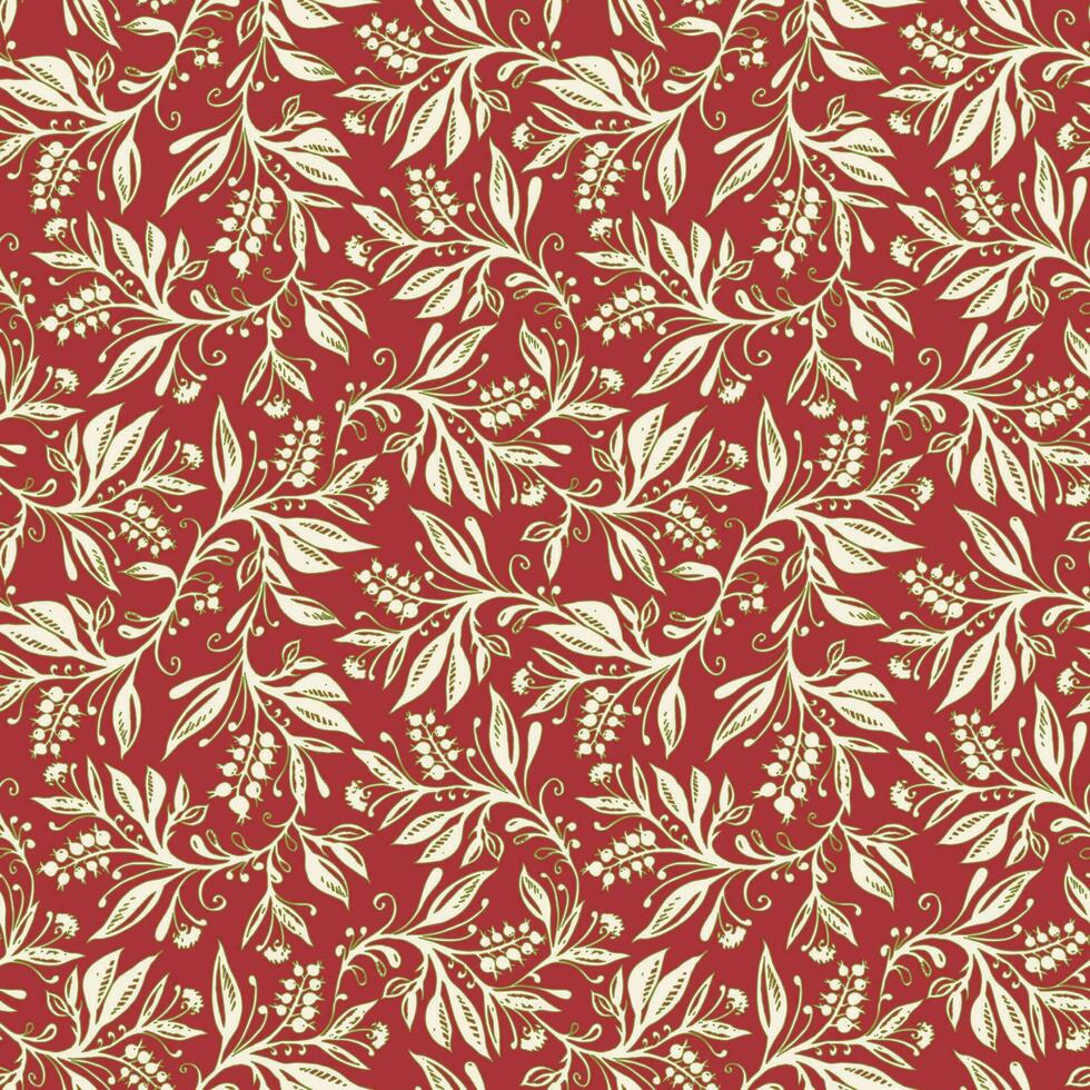 Floral seamless pattern with leaves and berries in wine red, green and cream colors, handdrawn and digitized. Design for wallpaper, textile, fabric, wrapping, background. vector