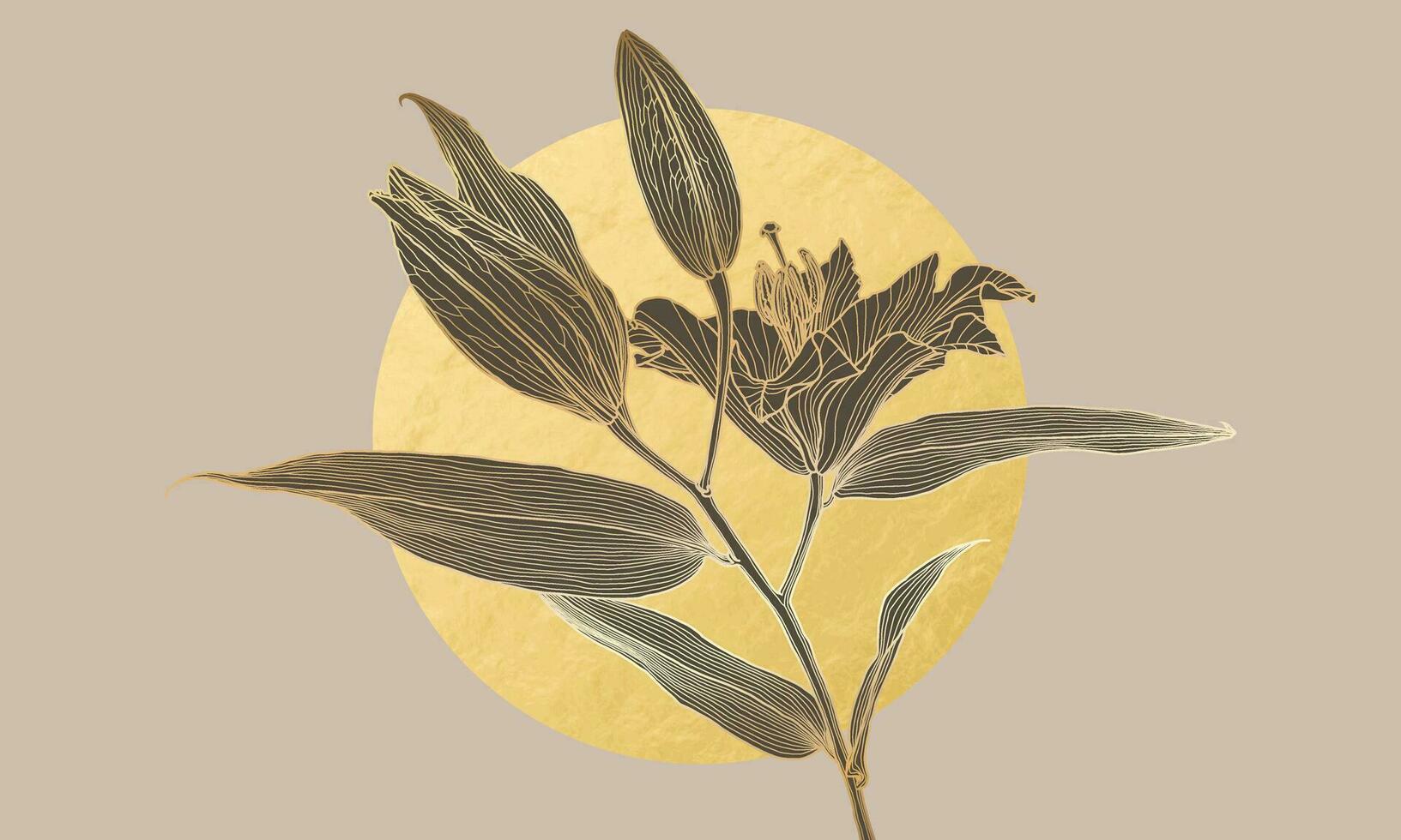 Luxury art deco lily flower golden linear drawing with taupe silhouette and gold foil circle moon. Wallpaper design for print, poster, cover, banner, fabric, invitation, postcard, packaging vector