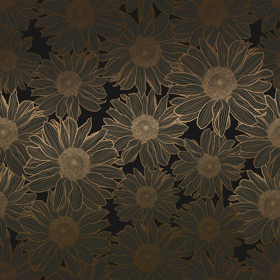 Vector seamless pattern of sunflowers. Luxury art deco gold metallic linear drawing on dark grey. Decorative print for wallpaper, wrapping, textile, fashion fabric.