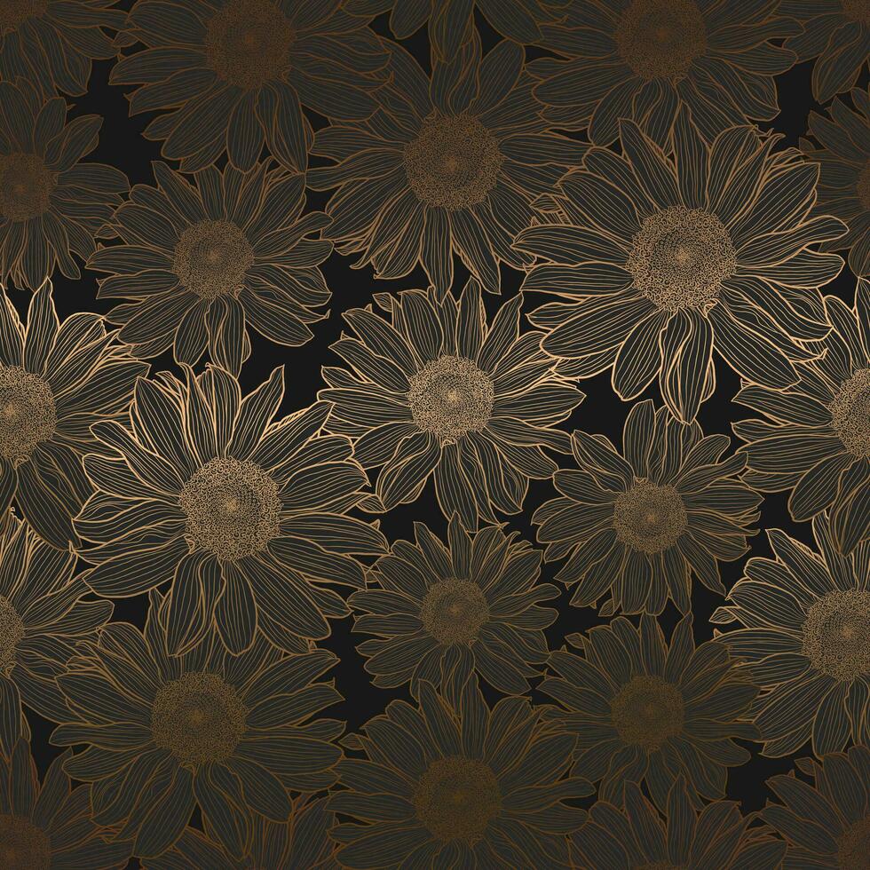 vector sin costura modelo de girasoles lujo Arte deco oro metálico lineal dibujo en oscuro gris. decorativo impresión para fondo de pantalla, envase, textil, Moda tela.