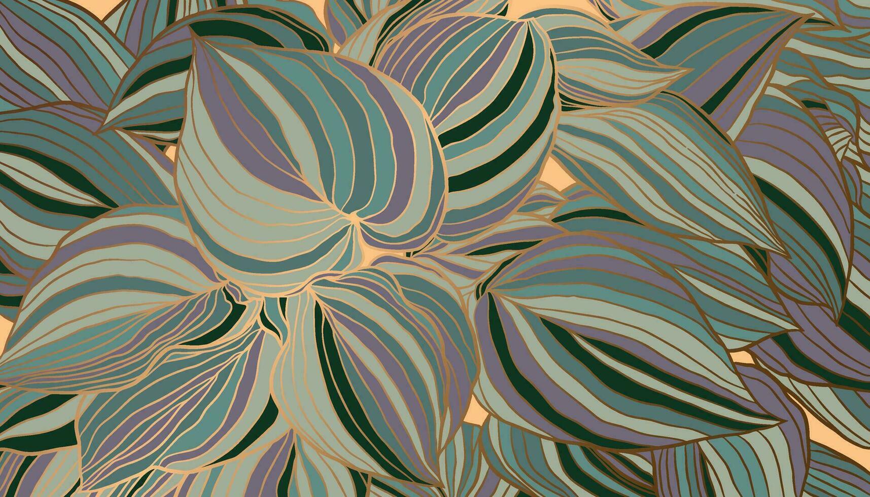 Striped purple green and copper metallic outline leaves hand drawn background vector. Luxury art deco wallpaper design for print, poster, cover, banner, fabric, wrapping. vector